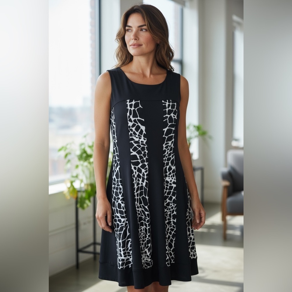 EnFocus Studio Black White Sleeveless Giraffe‎ Print Dress Size 10